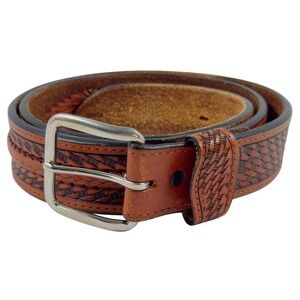 Western Tooled Real Leather Belt Silver Buckle Mens Size 40 Brown Grants Mexico